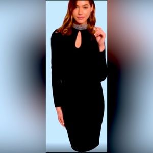 BLACK RHINESTONE MOCK NECK LONG SLEEVE DRESS